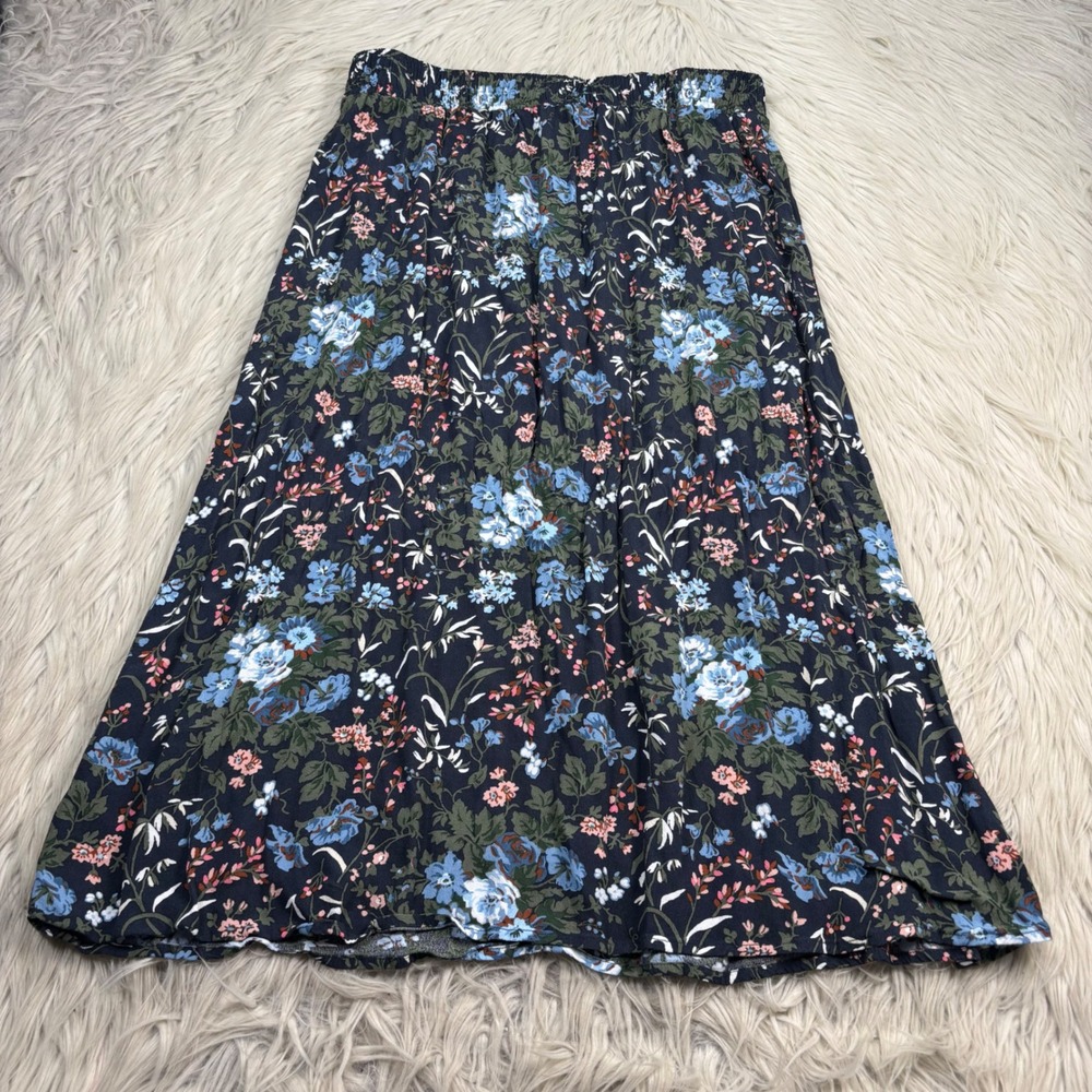 LOFT Women's S Navy Multi Floral Light Weight Pull On Midi Skirt Feminine Spring